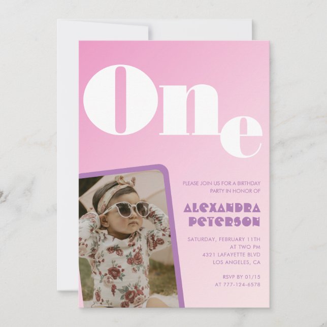 Cartes d'invitation 1er anniversaire fille Rose Dé (Devant)