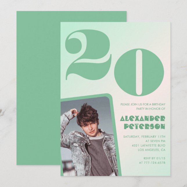 Cartes d'invitation 20 ans avec dégradé vert Photo (Devant / Derrière)