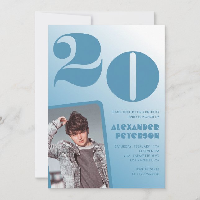 Cartes d'invitation 20 ans garçon dégradé bleu Pho (Devant)