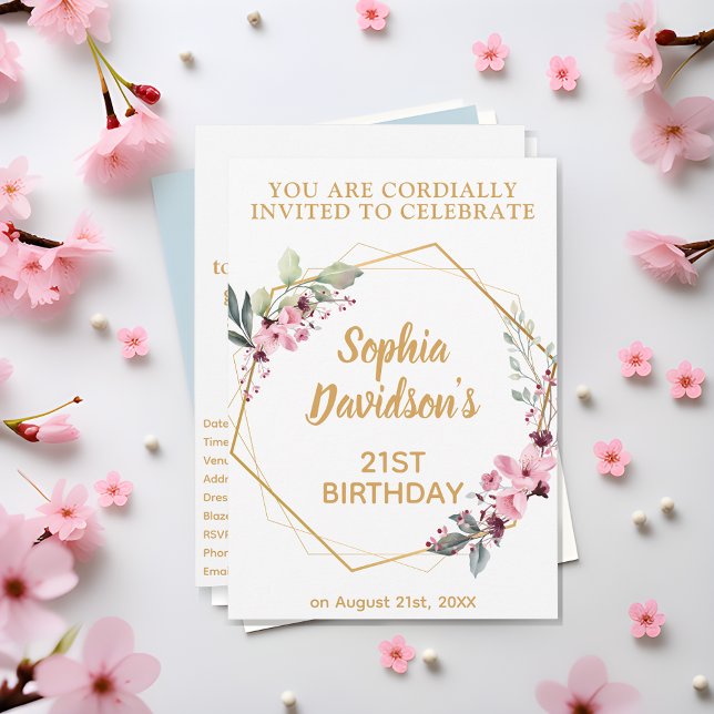 Cartes d'invitation 21 ans à l'élégant motif de fl (Golden Blooms, Milestone Wishes! 🌸🌟)