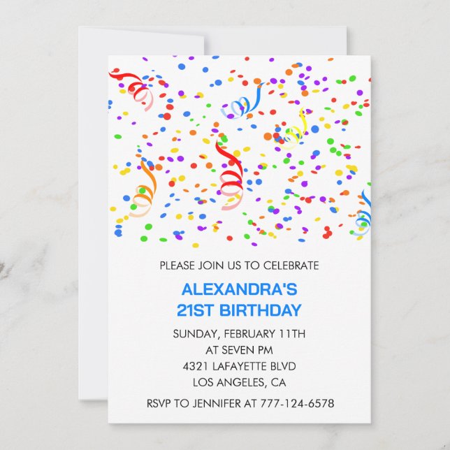 Cartes d'invitation 21ème anniversaire Confettis B (Devant)