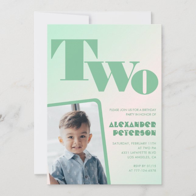 Cartes d'invitation 2ème anniversaire vertes pour  (Devant)