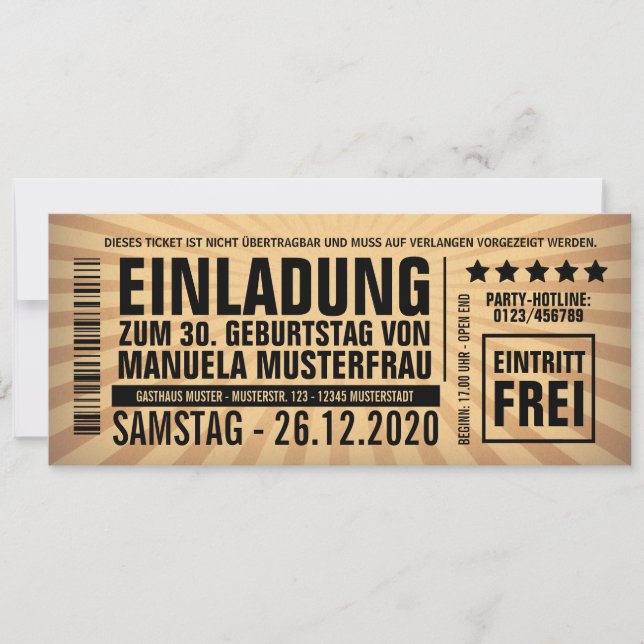 Cartes d'invitation 30 ans – Billet d'entrée (Devant)