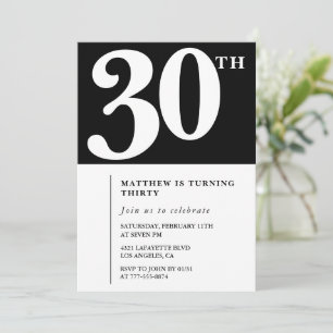 Cartes d'invitation 30 ans noir blanc élégant