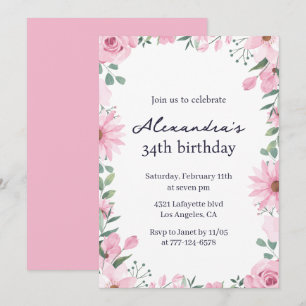 Cartes d'invitation 34ème anniversaire à cadre flo