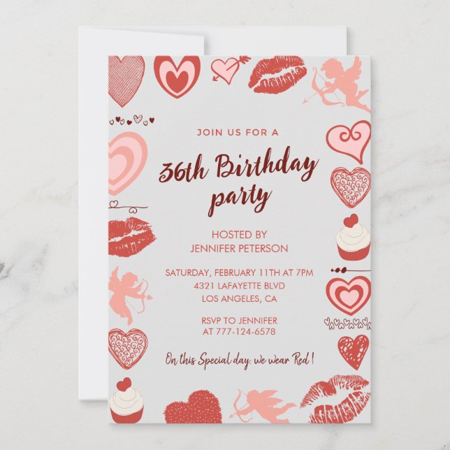 Cartes d'invitation 36ème anniversaire coeurs roug (Devant)
