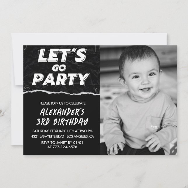 Cartes d'invitation 3ème anniversaire garçon noir  (Devant)