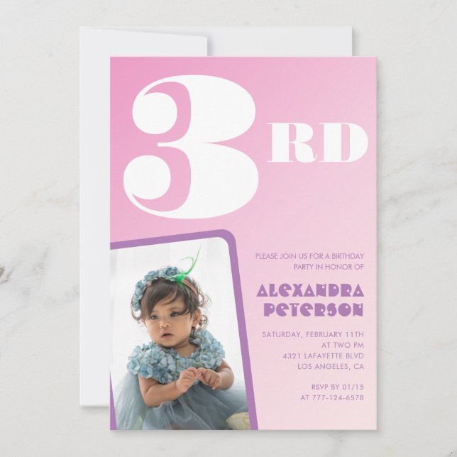 Cartes d'invitation 3ème anniversaire Rose Fille P (Devant)