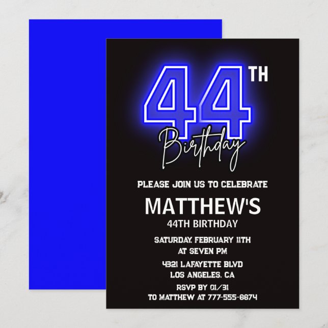 Cartes d'invitation 44e anniversaire Neon Black Ho (Devant / Derrière)