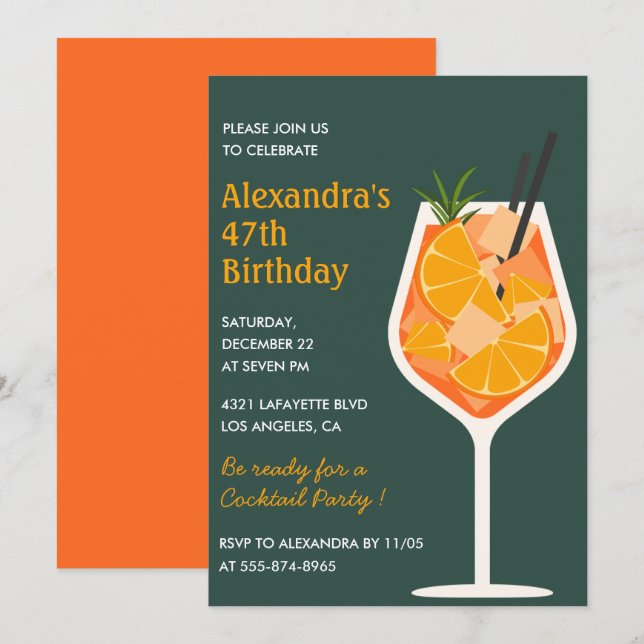 Cartes d'invitation 47e anniversaire cocktail élég (Devant / Derrière)