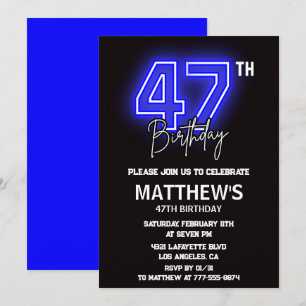 Cartes d'invitation 47e anniversaire Noir Néon Hom