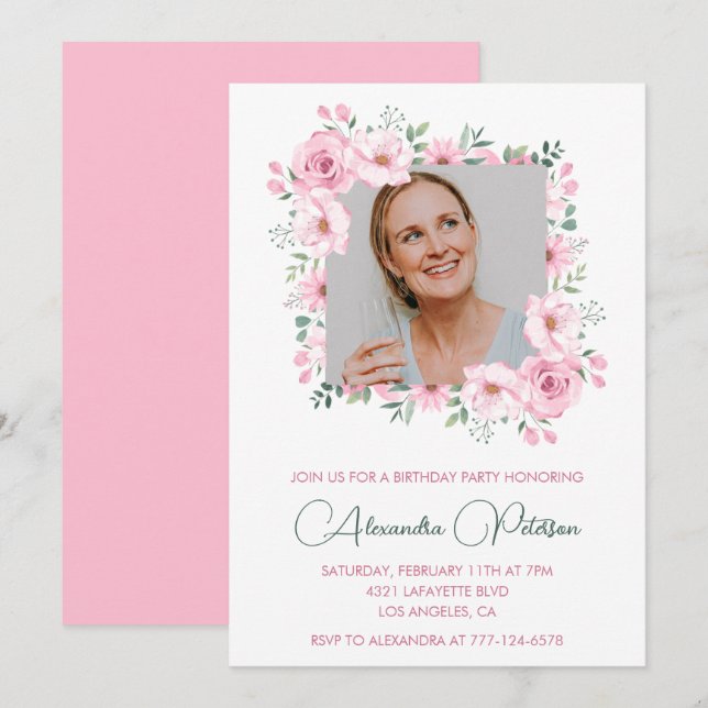 Cartes d'invitation 48 ans avec photo florale rose (Devant / Derrière)