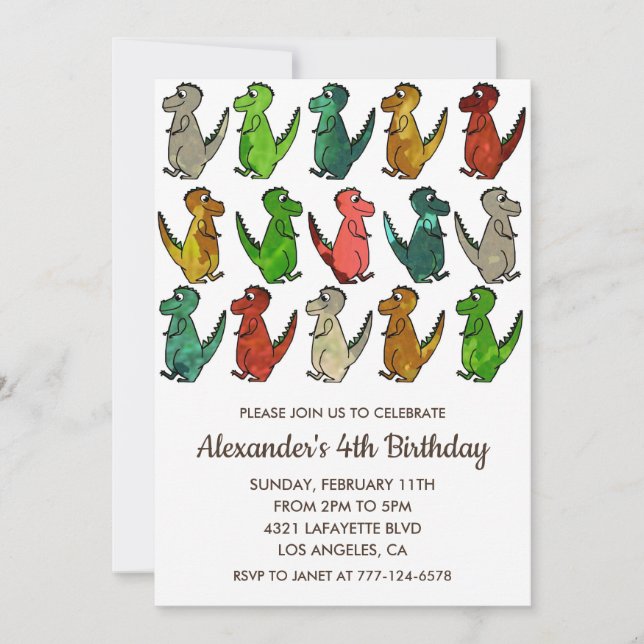 Cartes d'invitation 4 ans dinosaure enfants arc-en (Devant)
