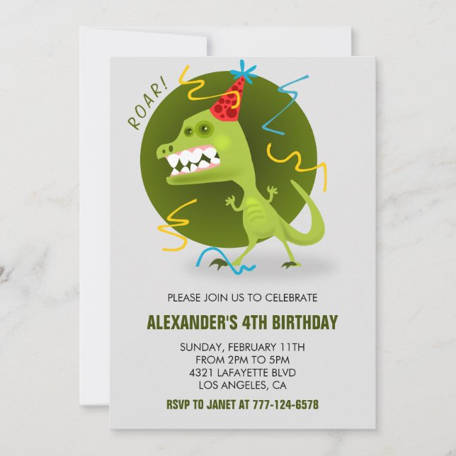 Cartes d'invitation 4 ans dinosaure t rex enfants  (Devant)