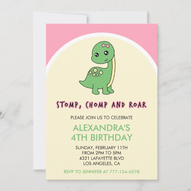 Cartes d'invitation 4 ans fille dinosaure vert ros (Devant)
