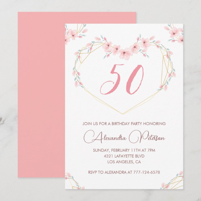 Cartes d'invitation 50 ans Boho Floral Élégant  (Devant / Derrière)