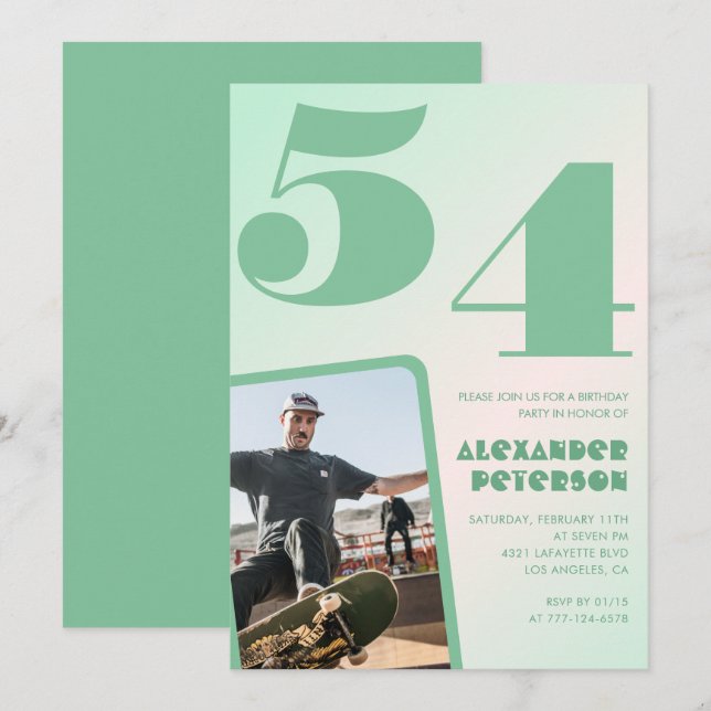 Cartes d'invitation 54 ans garçon avec dégradé ver (Devant / Derrière)