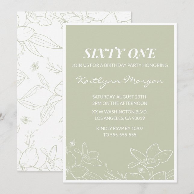 Cartes d'invitation 61ème anniversaire Floral Vert (Devant / Derrière)