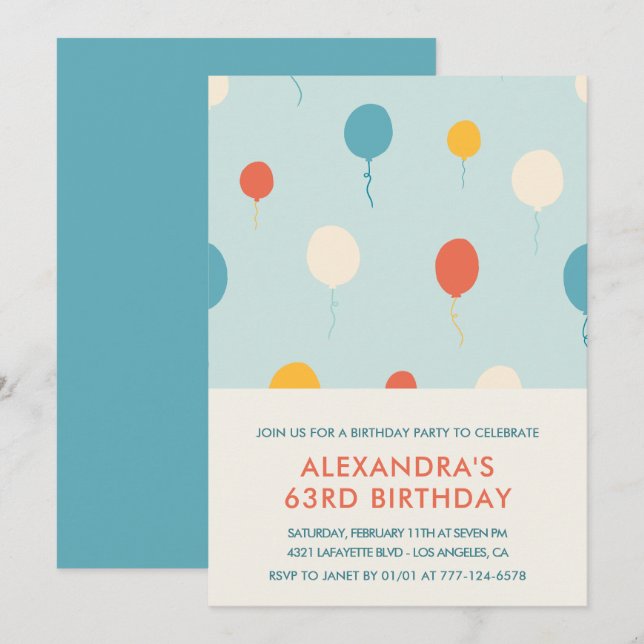 Cartes d'invitation 63e anniversaire Ballons Moder (Devant / Derrière)