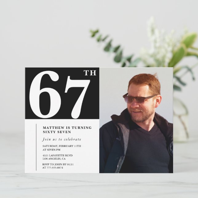 Cartes d'invitation 67e anniversaire Noir et Blanc (Debout devant)