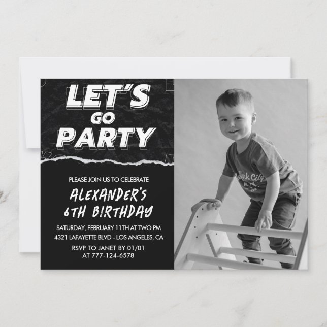 Cartes d'invitation 6ème anniversaire garçon noir  (Devant)