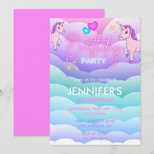 Cartes d'invitation 6ème anniversaire Licorne Rose