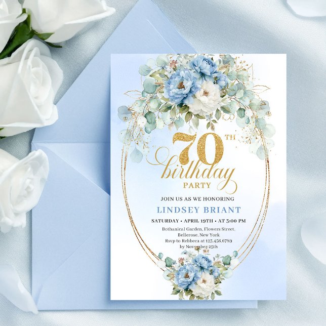 Cartes d'invitation 70 ans Fleurs Bleu Pastel Élég (Elegant Pastel Blue Flowers 70th Birthday Invitation)