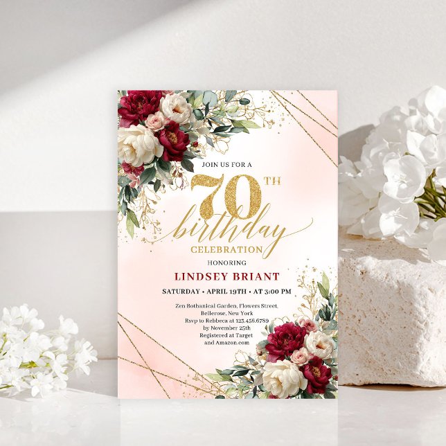 Cartes d'invitation 70 ans Simple Élégant Or Flora (Simple Elegant Gold Floral 70th Birthday Invitation)