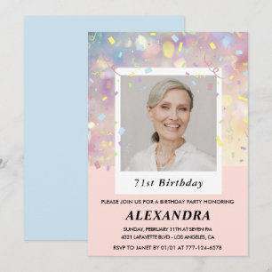 Cartes d'invitation 71e anniversaire photo confett