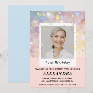 Cartes d'invitation 74 ans avec confettis roses et