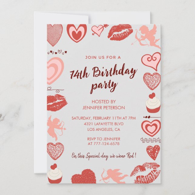 Cartes d'invitation 74 ans Elegant Grey Red Hearts (Devant)