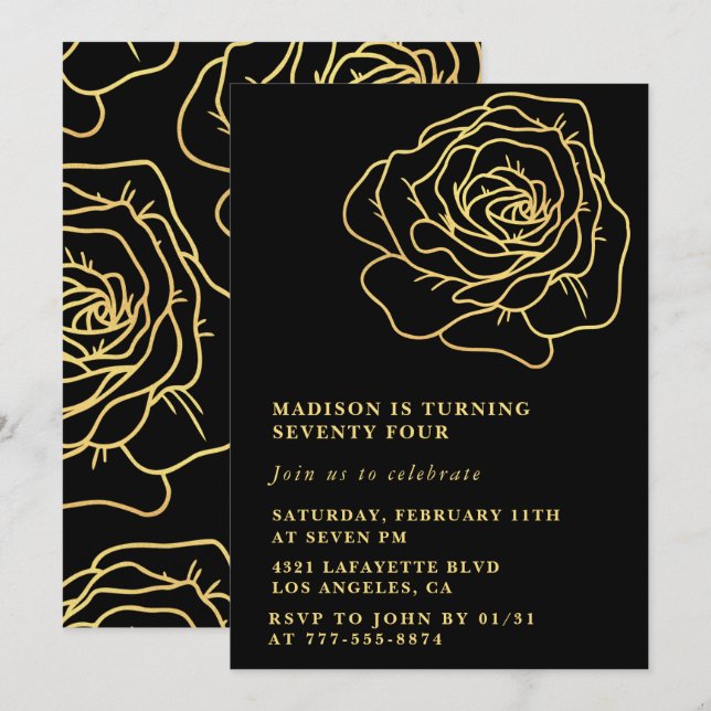 Cartes d'invitation 74e anniversaire Black Gold Fl (Devant / Derrière)