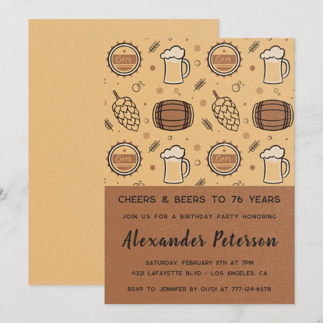 Cartes d'invitation 76 ans pour homme rustique biè (Devant / Derrière)
