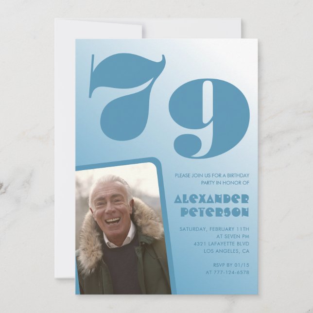 Cartes d'invitation 79e anniversaire homme avec dé (Devant)