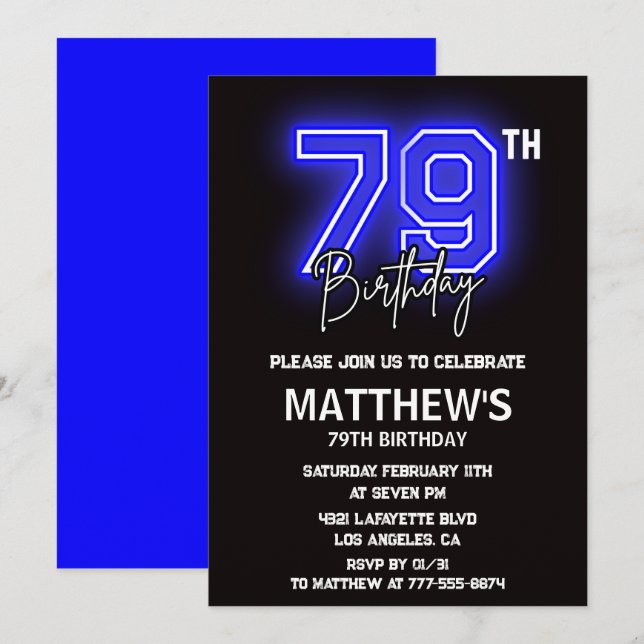 Cartes d'invitation 79e anniversaire Neon Black Ho (Devant / Derrière)