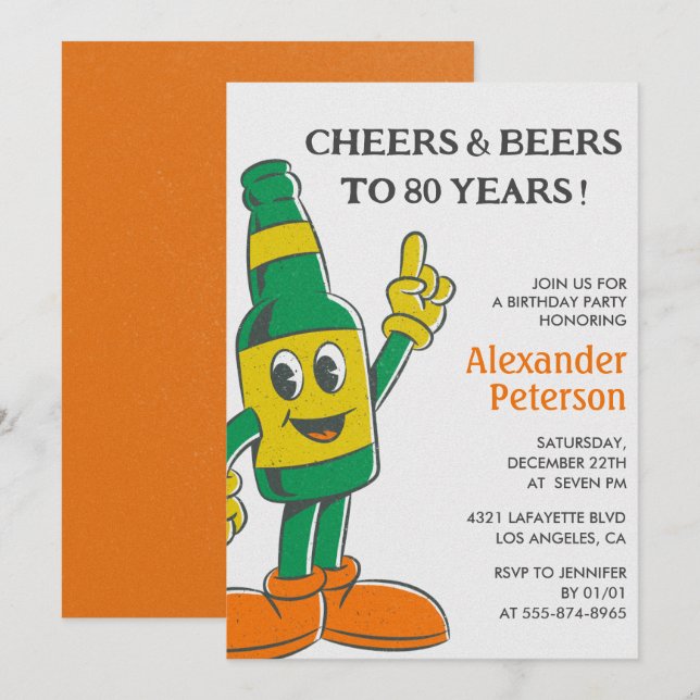 Cartes d'invitation 80e anniversaire Bière Drôle V (Devant / Derrière)