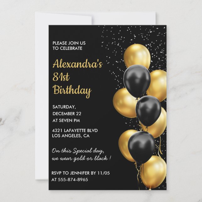 Cartes d'invitation 81e anniversaire noir Paillett (Devant)