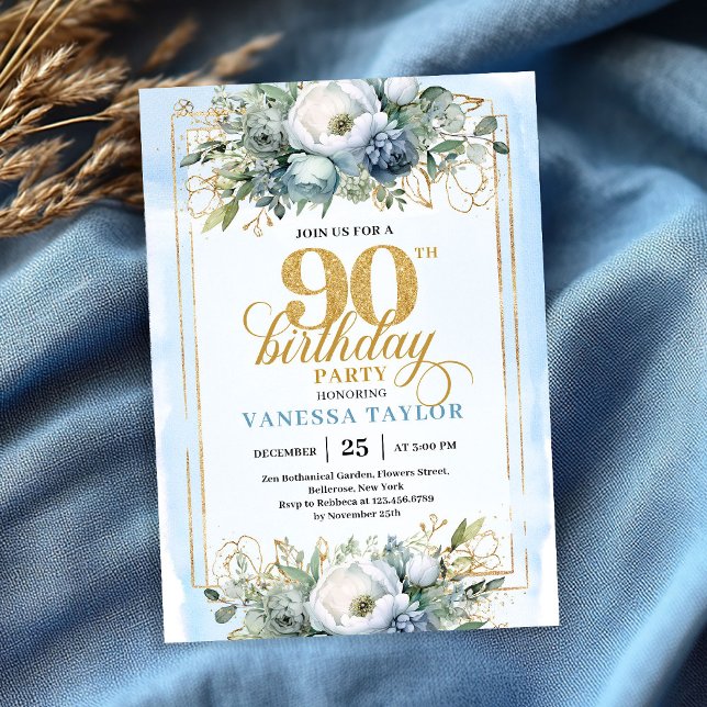 Cartes d'invitation 90 ans bleu poussiéreux et or  (Timeless dusty blue and gold 90th birthday invitation)