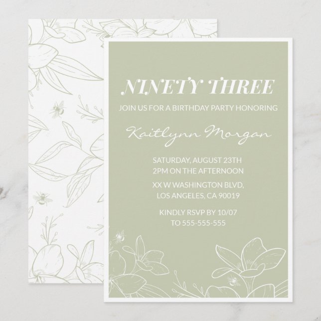 Cartes d'invitation 93ème anniversaire Floral Vert (Devant / Derrière)