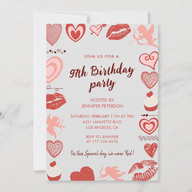 Cartes d'invitation 97e anniversaire coeurs rouges (Devant)