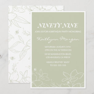 Cartes d'invitation 99 ans élégantes à fleurs vert