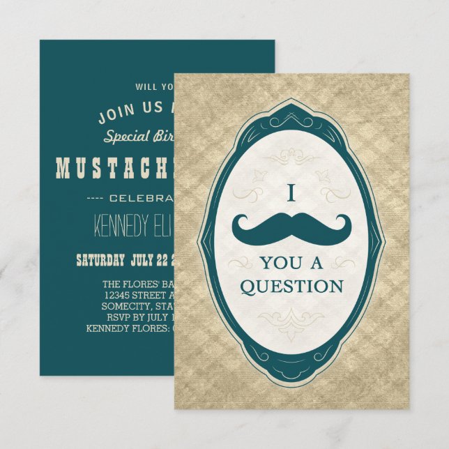 Cartes d'invitation à cadre vintage Mustache Bash  (Devant / Derrière)