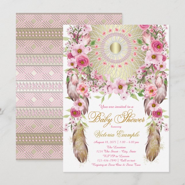 Cartes d'invitation à la baby shower Boho Dreamcat (Devant / Derrière)