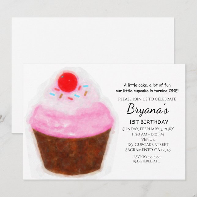 Cartes d'invitation à la fête aquarelle Cupcake &  (Devant / Derrière)