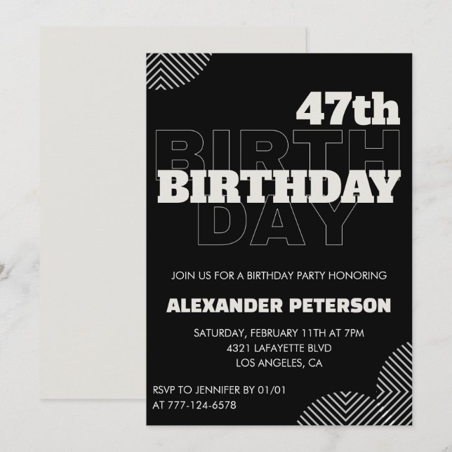 Cartes d'invitation à la fête d'anniversaire des h (Devant / Derrière)