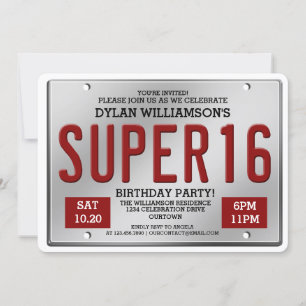 Cartes d'invitation à la fête Super 16 avec plaque