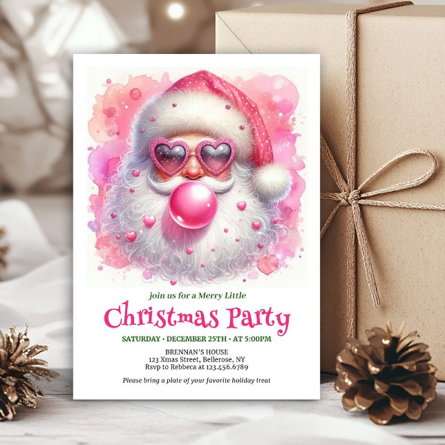 Cartes d'invitation à l'eau Pink Santa Bubble Gum  (Editable Watercolor Pink Santa Bubble Gum Invitation

)