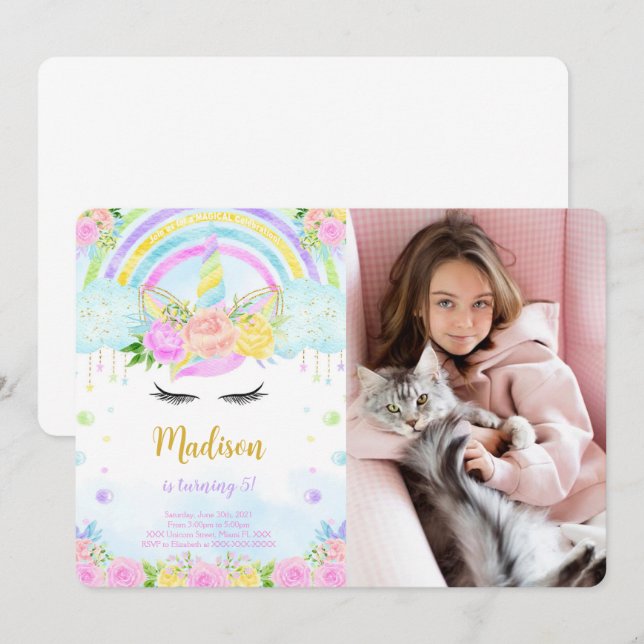 Cartes d'invitation à photo d'anniversaire Licorne (Devant / Derrière)