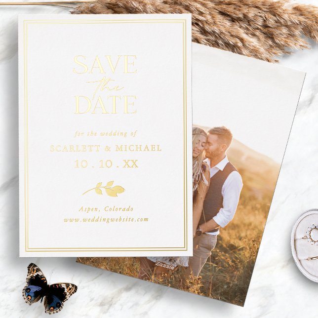 Cartes d'invitation à sauver la date de mariage en (Simple Minimalist Leaf Gold Foil Photo Save The Date Invitations by Painted Paperie
)