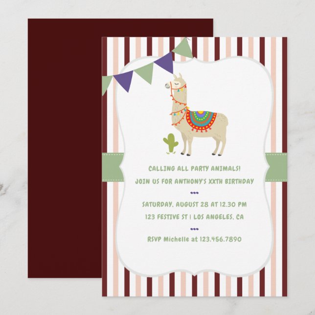 Cartes d'invitation à thème lama de couleurs tenda (Devant / Derrière)